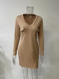 Women'S Long Sleeve Button Slim Waist Casual Knitting Rib Bodycon Dress