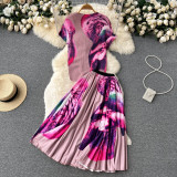 Chic Print Suit Women Summer High Waist Pleated Skirt Slim Fit Chic Top Two Piece Set