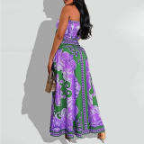 Women'S Summer Sexy Wrap Breast Top Mid Length Printed Skirt Two Piece Set