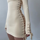 Summer Solid Color Strapless Lace-Up Club Dress With Sleeves