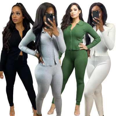 Women'S Fashion Casual Solid Long Sleeve Zip Ribbed Two Piece Pants Set