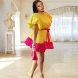 Summer Plus Size Women'S Puff Sleeve Belted Yellow Oversized Cotton Dress