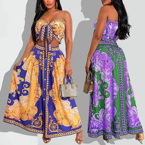 Women'S Summer Sexy Wrap Breast Top Mid Length Printed Skirt Two Piece Set