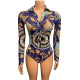 Fall Women'S Sexy Mesh Print See-Through Long Sleeve Bodysuit