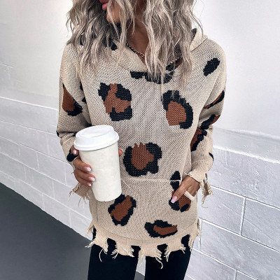 Women Fall/Winter Leopard Print Hooded Knitting Ripped Sweater