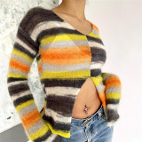 Women Fall Casual Striped Long Sleeve Loose Knitting Top