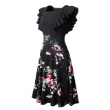 Women Summer Square Neck Ruffle Patchwork Floral Dress
