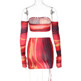 Women Summer Printed Long Sleeve Sexy Tube Top + Ruched Skirt Set