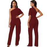 Women Sexy One Shoulder Short Sleeve Jumpsuit