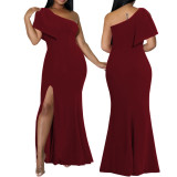 Women Sexy Solid Slash Shoulder Slit Dress