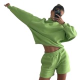 Women Fall Casual Solid Color Long Sleeve Top + Shorts Two Piece Set