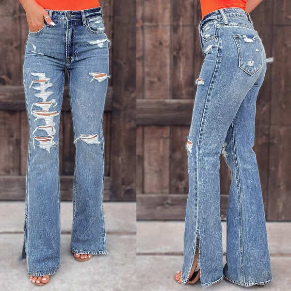 Women Fall Washed Ripped Slit Flare Denim Pants