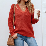 Women autumn and winter solid color v-neck knitting sweater
