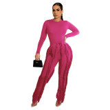 Women autumn and winter long-sleeved Bodysuit + fringed Pant two-piece set