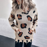 Women Fall/Winter Leopard Print Hooded Knitting Ripped Sweater