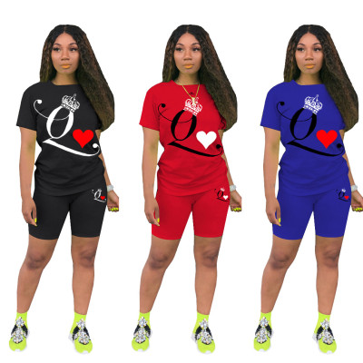 Women Casual Solid Poker Q Print Short Sleeve T-Shirt + Shorts Two Piece Set