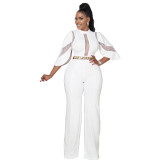 Women Fall Sexy Round Neck Mesh Patchwork Jumpsuit