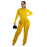 Women autumn and winter long-sleeved Bodysuit + fringed Pant two-piece set