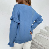 Women Autumn and Winter Solid Color V-Neck Petal Sleeve Sweater