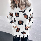 Women Fall/Winter Leopard Print Hooded Knitting Ripped Sweater