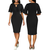 Women Sexy Solid Round Neck Short Sleeve Dress