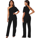 Women Sexy One Shoulder Short Sleeve Jumpsuit