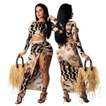 Women Fashion Leopard Print Long Sleeve Crop Top + Split Crinkle Skrit Two Piece