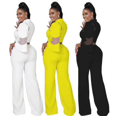 Women Fall Sexy Round Neck Mesh Patchwork Jumpsuit