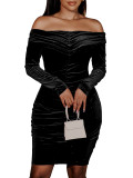 Women Fall/Winter Off Shoulder Solid Pleated Bodycon Dress