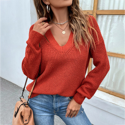 Women autumn and winter solid color v-neck knitting sweater