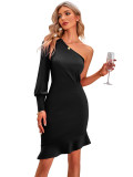 Women Sexy Solid Color One Shoulder Ruffle Bodycon Dress
