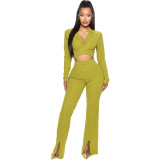 Women Cross Lace-Up Long Sleeve Crop Top+ Slit Pants Two Piece Suits