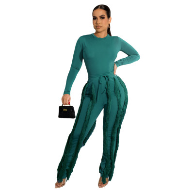 Women autumn and winter long-sleeved Bodysuit + fringed Pant two-piece set