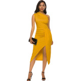 Women Sexy Solid Color Ruched One-Shoulder Slit Dress
