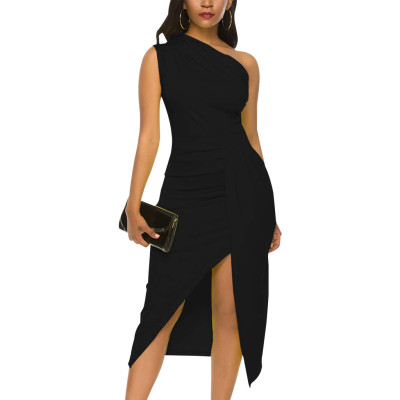 Women Sexy Solid Color Ruched One-Shoulder Slit Dress