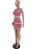 Sexy Women'S Halter Neck Striped Two Piece Skirt Set