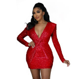 Women'S Spring Fashion Sequin V-Neck Ruched Slim Fit Bodycon Dress