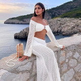 Fall Women'S Fashion Knitted Long Sleeve Square Neck Crop Top Slim Fit Sexy Skirt Set