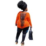 Plus Size Women'S Solid Long Sleeve Cutout Ripped Top
