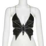 Summer Women'S Nightclub Fashion Sexy Low Back Tie Butterfly Beaded Slim Tank Top