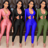 Fashion Casual Tight Fitting Two Piece Bow Long Sleeve Blouse Pants Two Piece Set