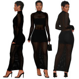 Women's Sexy Solid Mesh Patchwork Long Sleeve Dress