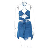 Summer Sexy Low Back Lace-Up Halter Neck Tank Top Pleated Skirt Set