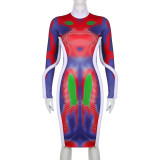 Body Print Tie Dye Contrast Color Tight Fitting Half Turtleneck Long Sleeve Patchwork Cotton Strips Style High Fashion Dress