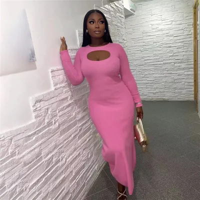 Fall Winter Women's Long Sleeve Round Neck Fashion Cutout Evening Dress Bodycon Slim Dress Women