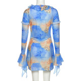 Fall Winter Women Bell Bottom Sleeve Lace-Up Turndown Collar Fashion Print Chic Slim Dress Women