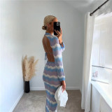 Autumn and winter women's sexy Low Back Bodycon slim knitting contrast color striped dress women
