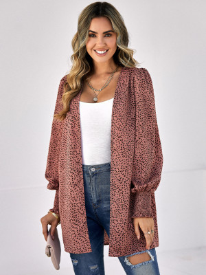 Autumn and Winter Women's Fashion Leopard Print Lantern Sleeve Cardigan Jacket