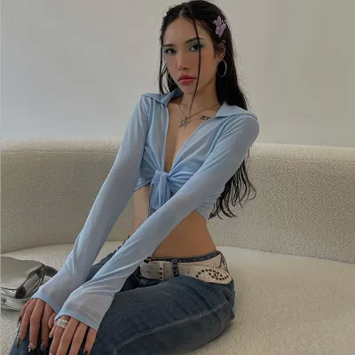 Women Solid Lace-Up Slim Fit Sexy Long Sleeve Crop Top
