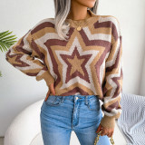Women Autumn and Winter Contrast Color Star Long Sleeve Sweater